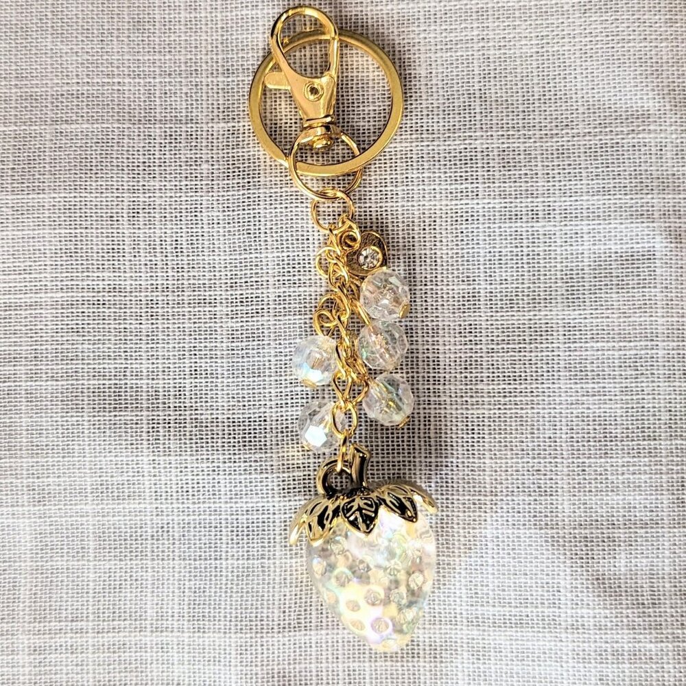 STRAWBERRY FRUIT GOLD KEYCHAIN IRIDESCENT BEADED CHARM FOR HANDBAG PURSE OR TOTE